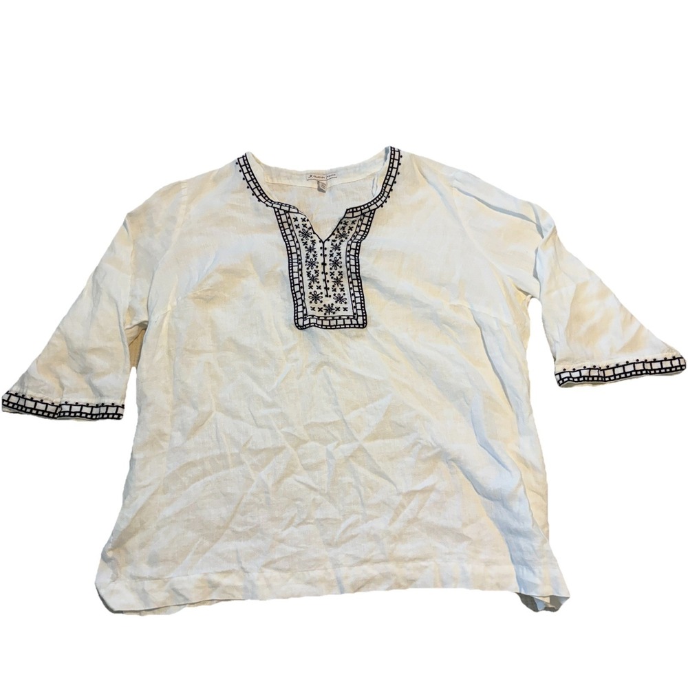 JM Collection White Linen Tunic, Dark Teal Floral Embroidery, beads size 14.